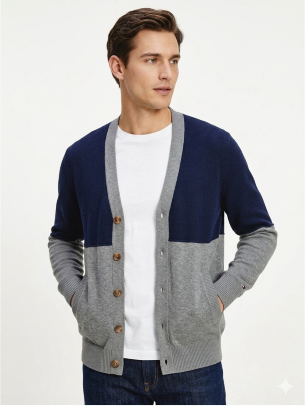 Men's Tommy Hilfiger Colorblock Button Cardigan Sweater Navy Blue Grey Small 756